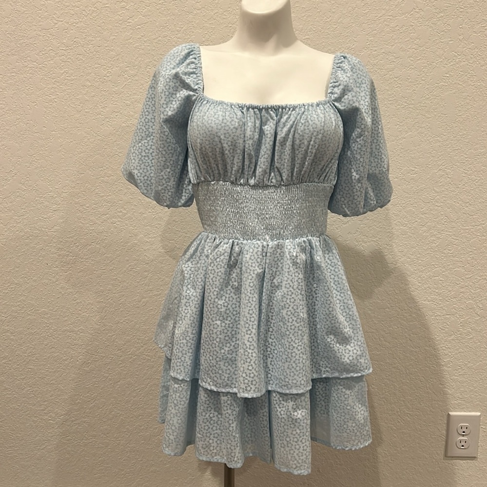 Lulus Tiers To Me Light Blue Puff Sleeve Tiered Skater Mini Dress - Picture 4 of 7